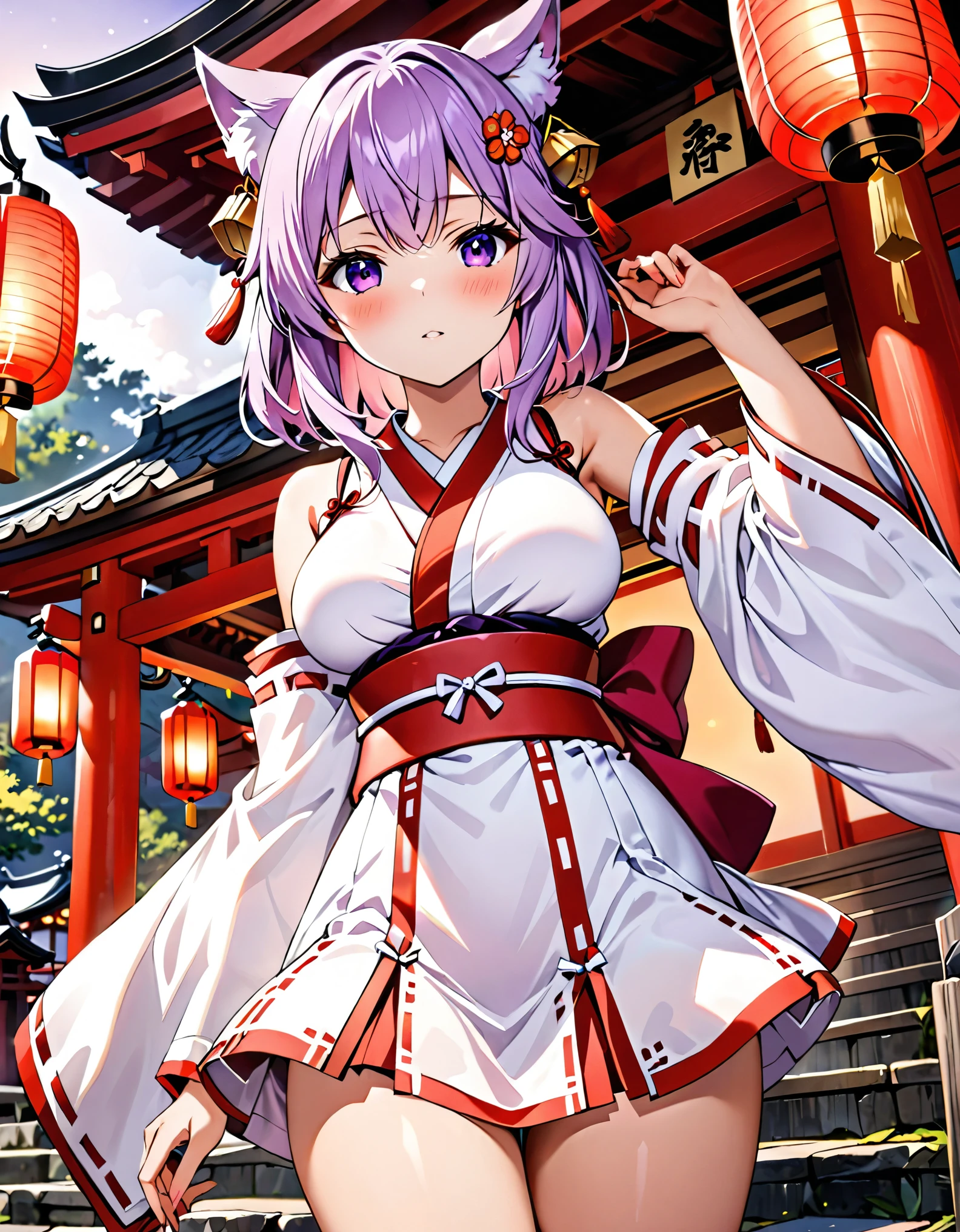 Only one girl、独奏、Beautiful girl with silver hair、Anime 、Cat's ears、Miko costume、shrine maiden、japanese miko costume、Laughing with open mouth、Cleavage emphasis、Lower milk emphasis、Colossal tits、thigh focused、a smile,complexion is reddish、The whole body is shown、No one but girls