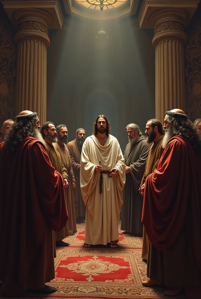 VISUAL STYLE: Dark, GENRE: Religious, SUBJECT(S): Jesus Christ and the 12 disciples, TIME PERIOD: Biblical, COLOR: Dark, ASPECT RATIO: 16:9, FORMAT: Photo, FRAME SIZE: Full-frame, LENS SIZE: Standard, COMPOSITION: Centered, LIGHTING: Dramatic, LIGHTING TYPE: Low-key, TIME OF DAY: Night, ENVIRONMENT: Interior, LOCATION TYPE: Religious setting, SET: Biblical scene, CAMERA: DSLR, LENS: Prime lens, FILM STOCK / RESOLUTION: High resolution, TAGS: Jesus Christ, disciples, religious, dark, dramatic --v 5 --q 2 --ar 16:9 --auto --s2