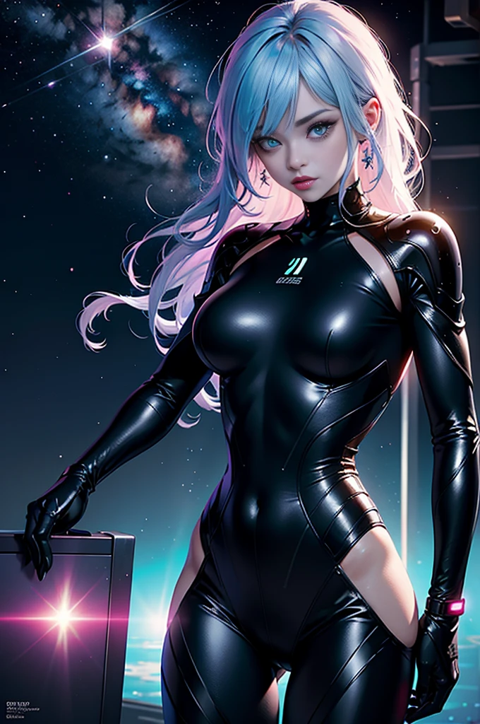 Blonde girl in black suit sitting in car on neon background, young beautiful Amaranth, Sexy Girls, Clive Arch, Wearing black tights, sydney sweeney, Amaranth, Ava Max, in a strip club, better known as Amaranth, Blonde goddess, Looking sexy at the camera, Peter King (Peter King) portrait, Behind her，There is an atmosphere of terror
