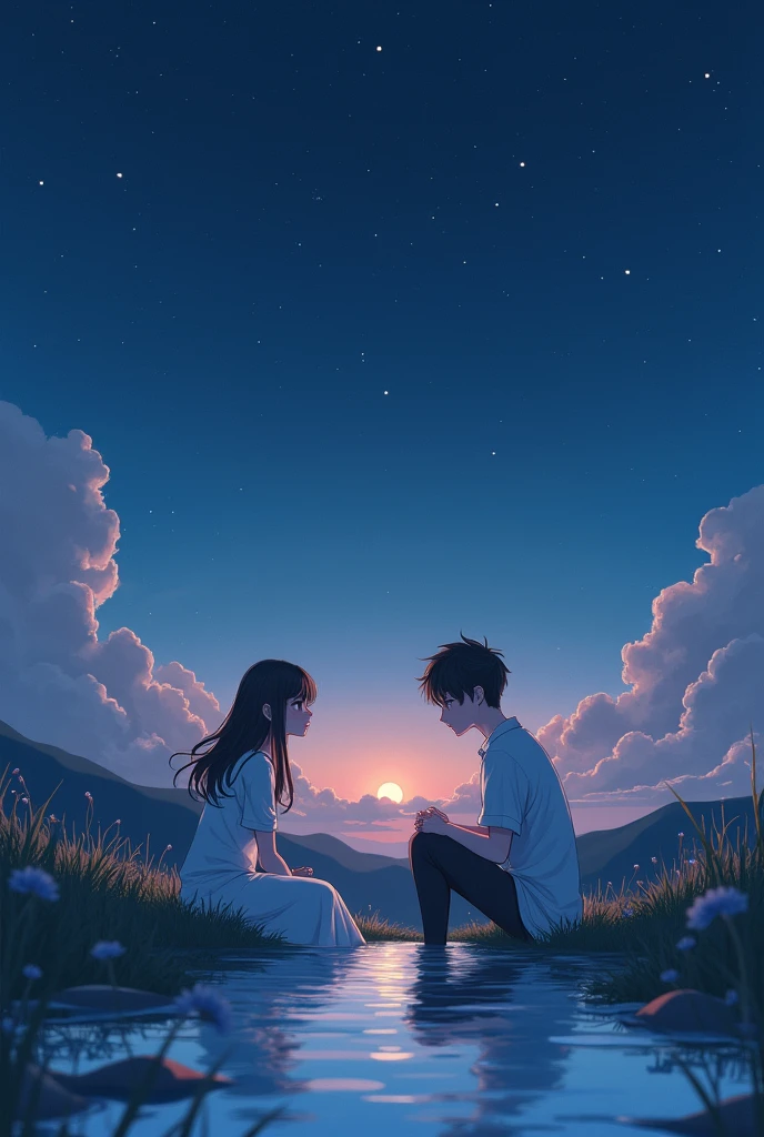 A boy and a girl sitting holding hands on a large, high step at night with a cloudy sky and a street lamp illuminating the scene in the background.