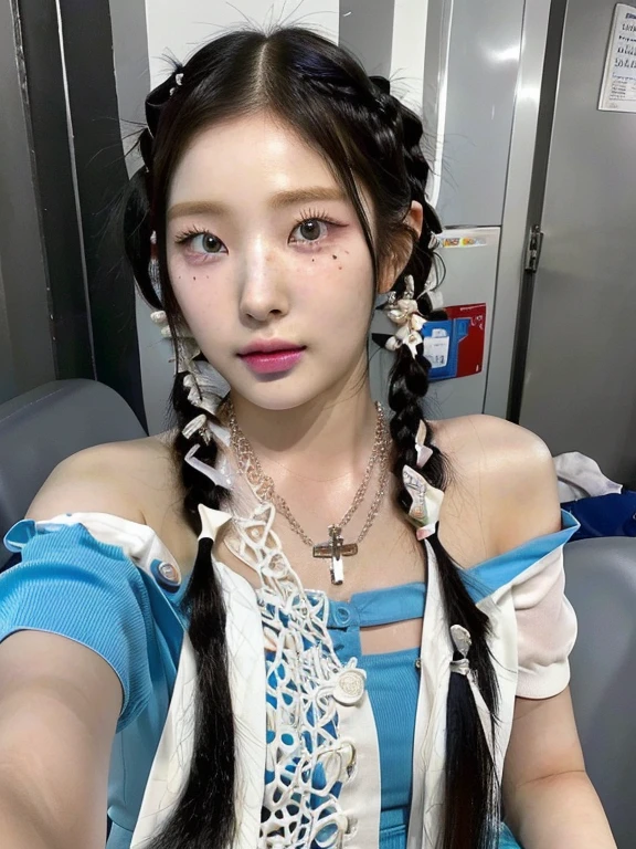 araffe girl with long hair wearing a blue dress and a cross necklace and blue like eyes, jinyoung shin, roseanne park of blackpink, tzuyu from twice, with black pigtails, korean girl, korean idol, jossi of blackpink, beautiful south korean woman, wan adorable korean face, jaeyeon nam, pigtails hairstyle, blackpink jennie, ulzzang, 🤤 girl portrait, realistic aesthetic, small freckles, hyper realistic teenager, barbie doll, freckles!!!, detailed face, realistic face, realistic fingers, jisoo from blackpink , popular south korean makeup, quality detailed ,(beautiful makeup :1.2), big breath