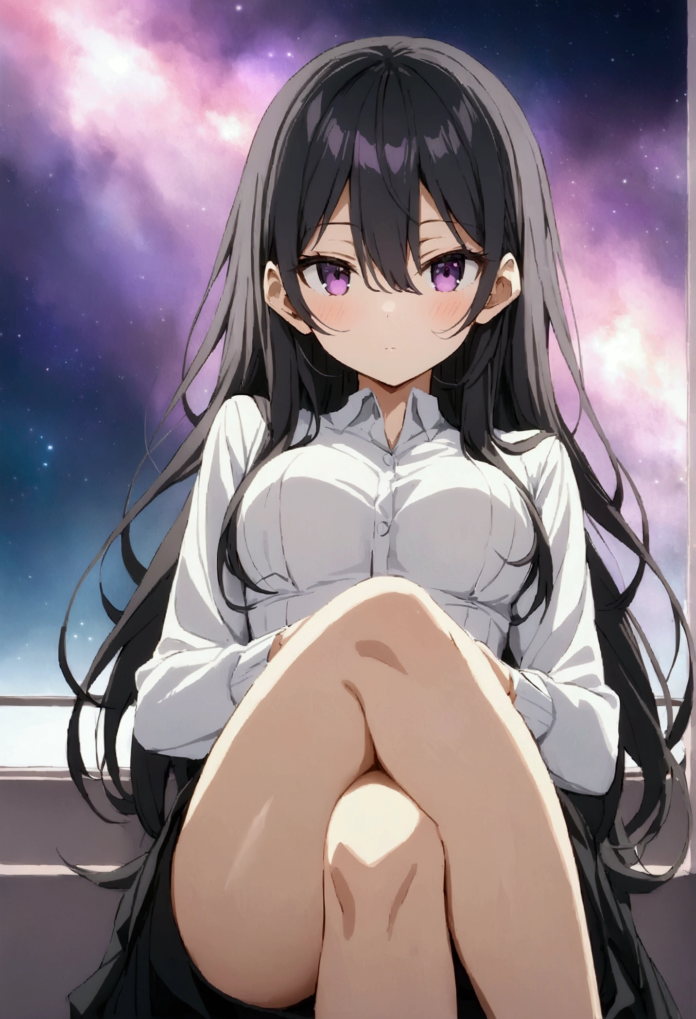 Best Quality　Masterpiece　Black Hair 　Long Hair　Shyness Rosider　Kimishima Ayano medium breasts purple eyes　Crossing legs　　nebula