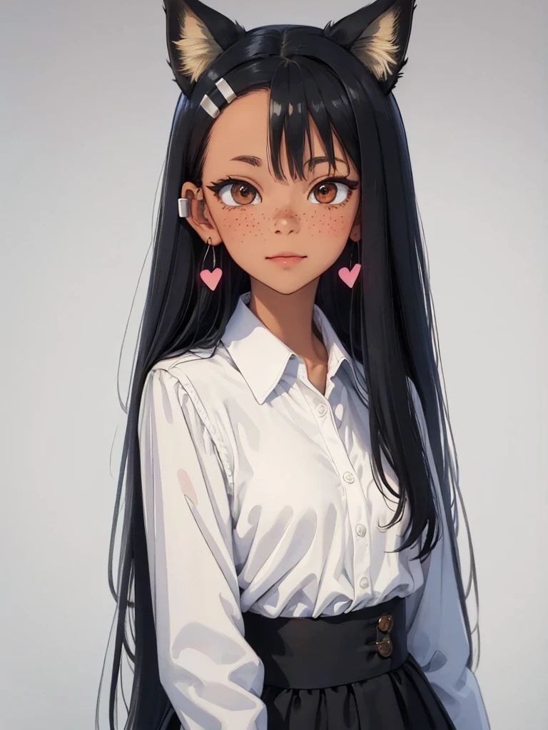 shot in the middle, Cel-shading style, Centered image, ultra detailed illustration,smiling fox girl, black hair with pink highlights, with fox ears, a small heart design on the left cheek, with freckles on the cheeks, bicolor eyes with brown on the outside and black on the inside, wearing a ****ta style outfit, vibrant colors, landscape background, Accessories for moon earrings, long curly hair, 32k resolution, best quality. Detailed and quality hands. Correct the eyebrow.