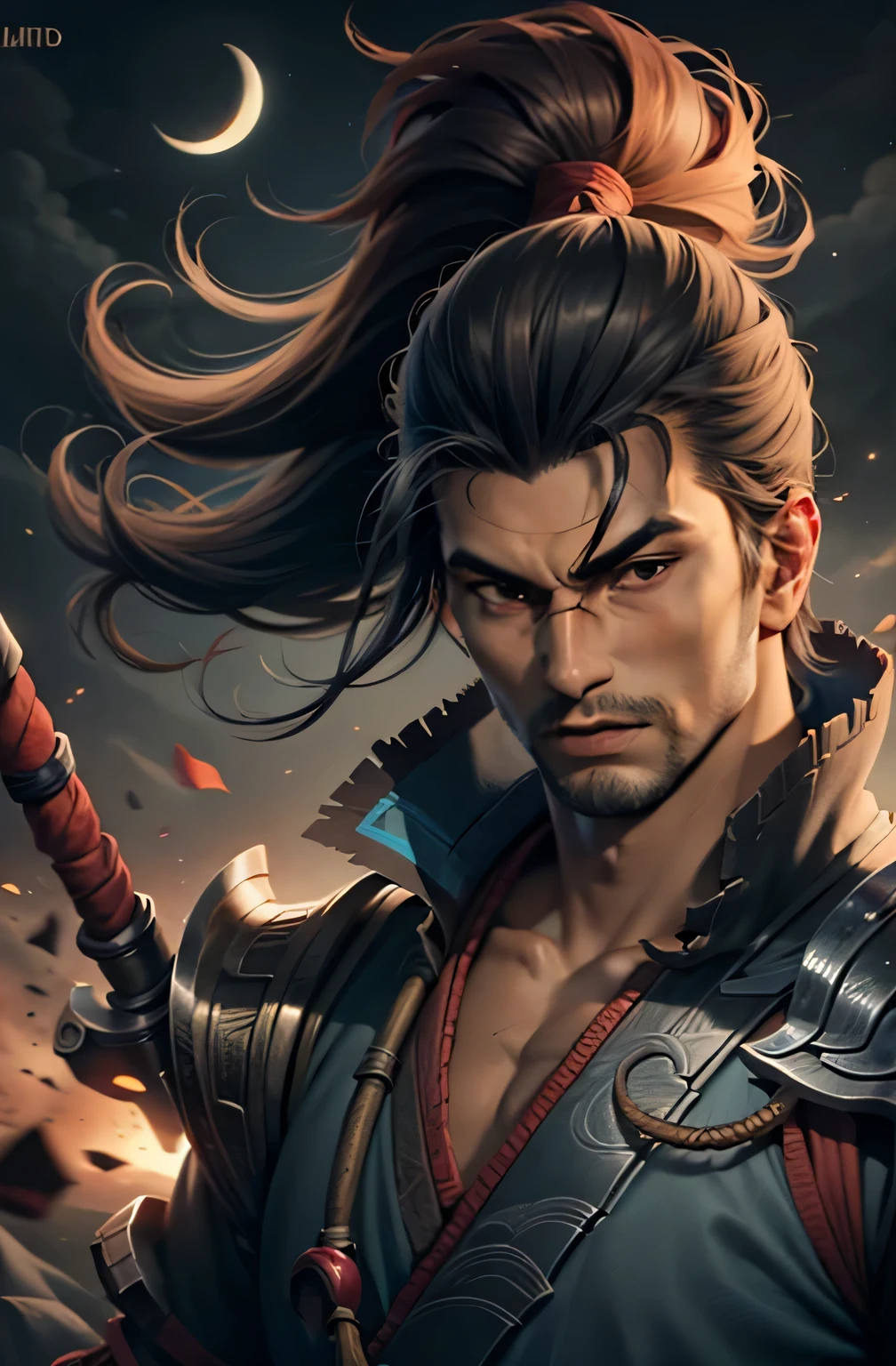 (4k,8k,best quality, masterpiece:1.2), ultra-detailed, realistic, realism, perfect face, perfect nose, detailed hair, detailed eyes, realistic colors, studio lightning, cowboy shot, upper body, (crescent_moon), (night), fighting stance, katana, sword, ys,1boy, pectorals, ponytail, yasuo, yasuo_(league_of_legends), samurai
