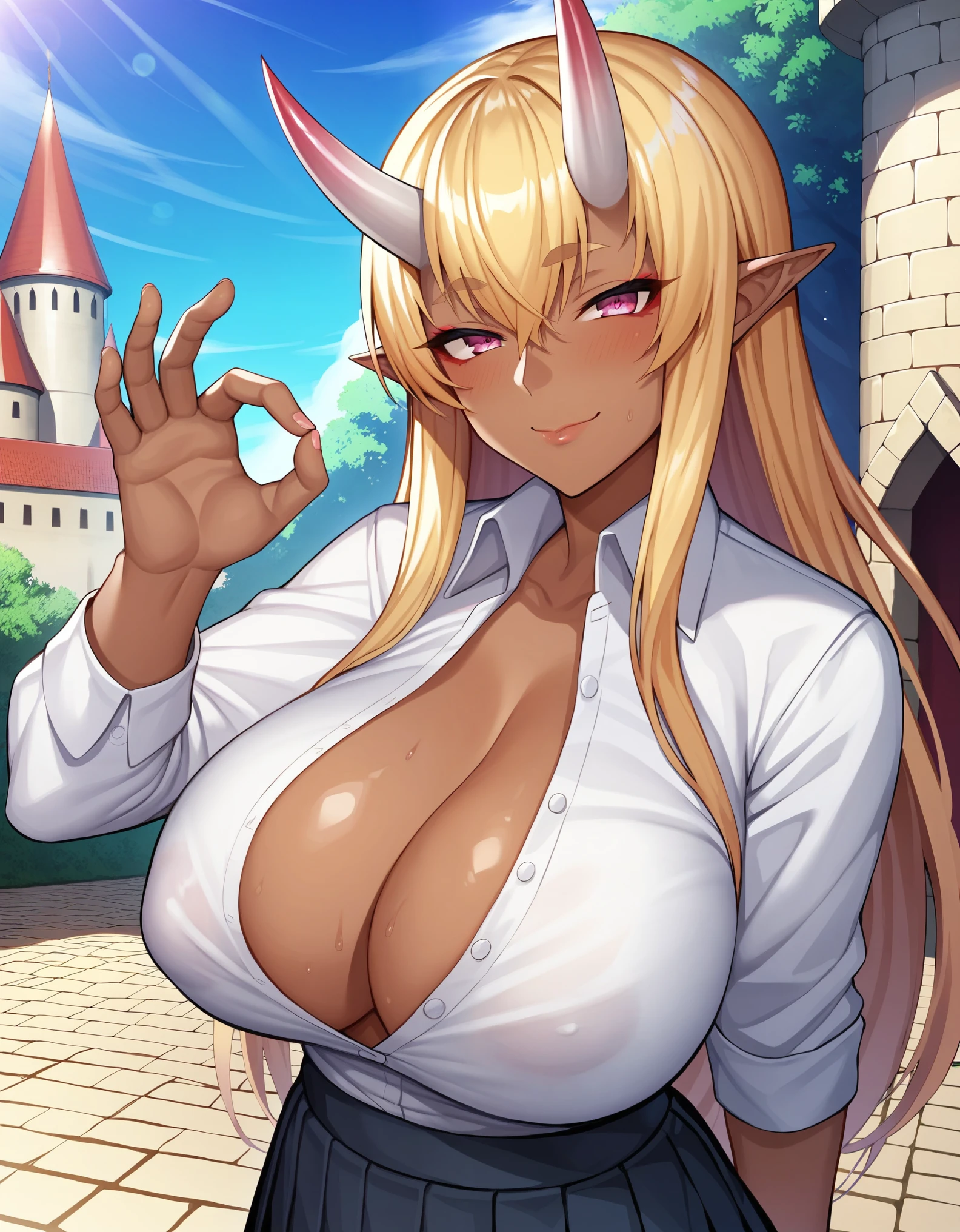 score_9. score_8_up. score_7_up, uncensored, dark skin, dark-skinned female, makeup, eyeshadow, black skin, 1girl, milf, francis(taimanin), (large breast:1.7), blonde hair, long hair, pink eyes, half-closed eyes, oni horns, white horns, pointy ears, white shirt, partially unbuttoned, middriff, pleated skirt, light smile, closed mouth, looking at viewer, fellatio gesture, castle