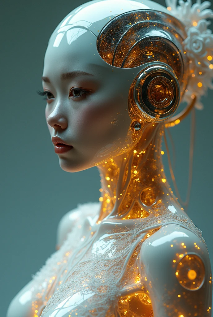 Photograph of a mid-20s Japanese female robot, no bra, made of glass and white and silver translucent plastic., Geisha makeup and hairstyle, The internal mechanism of the machine is made of silver metal., dynamic gesture, Flowing organic construction, glowing gold circuit, colorful cut neon light, glow circuit, cut neon light, Depth of focus f/2.8