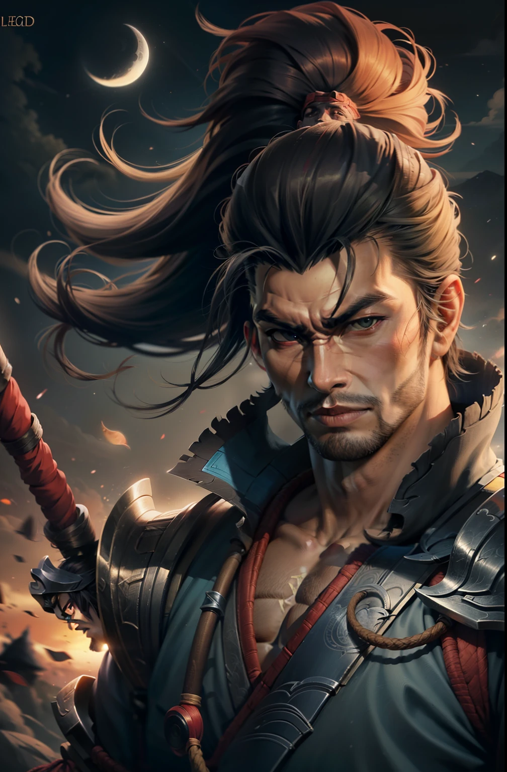 (4k,8k,best quality, masterpiece:1.2), ultra-detailed, realistic, realism, perfect face, perfect nose, detailed hair, detailed eyes, realistic colors, studio lightning, cowboy shot, upper body, (crescent_moon), (night), fighting stance, katana, sword, ys,1boy, pectorals, ponytail, yasuo, yasuo_(league_of_legends), samurai