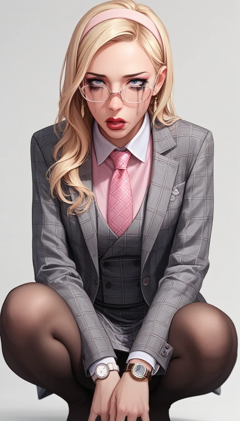 score_9, score_8_up, score_7_up, score_6_up, source_anime,  three-piece suit, 1girl, solo, blonde hair, long hair, swept back hair, hairband, glasses, formal, jewelry, grey plaid suit, waistcoat, pink silk necktie, earrings, jacket, shirt, watch, grey plaid jacket, wristwatch, (((light pink shirt with white collar))), red lips, grey plaid skirt, makeup, pantyhose, cufflinks, black lapel trim, view between legs, implied fellatio, deepthroat, oral testicles, saliva, squatting, clothed female nude female, sucking penis, tears, running mascara, three-piece suit, waistcoat