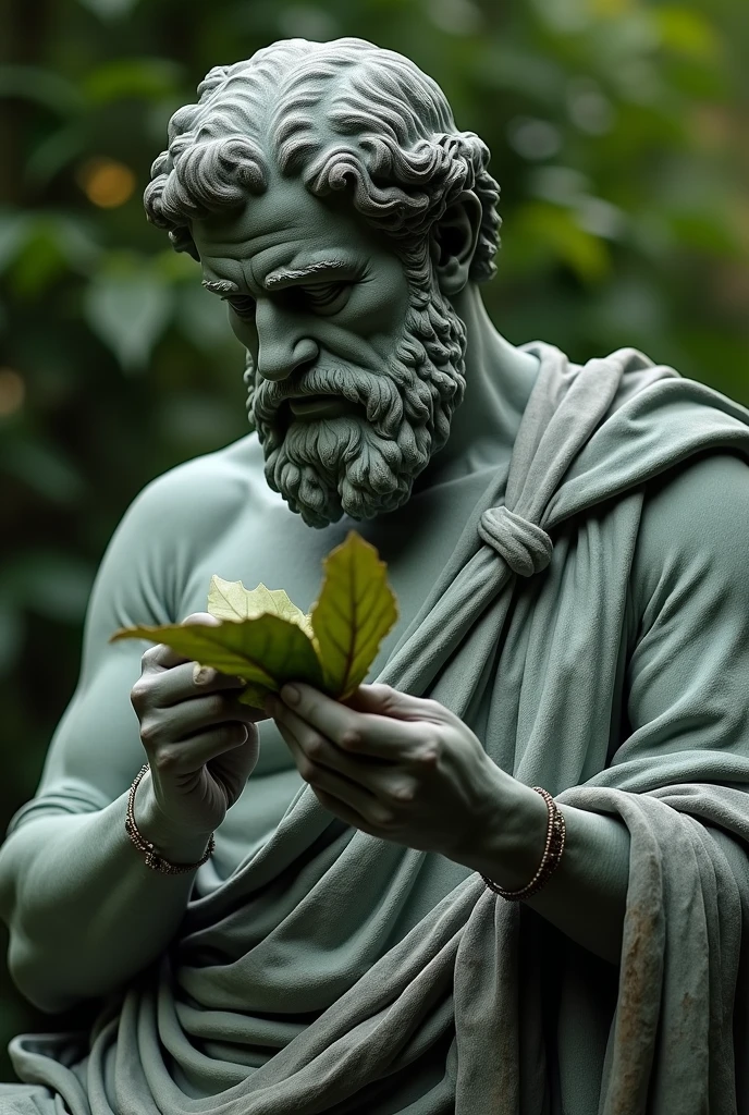 a realistic sculpture of the god atlas carrying the planet on his back, the earth need to be big and on his back. With moss and plants on it as if the sculpture was old. the sculpture must be on a stand