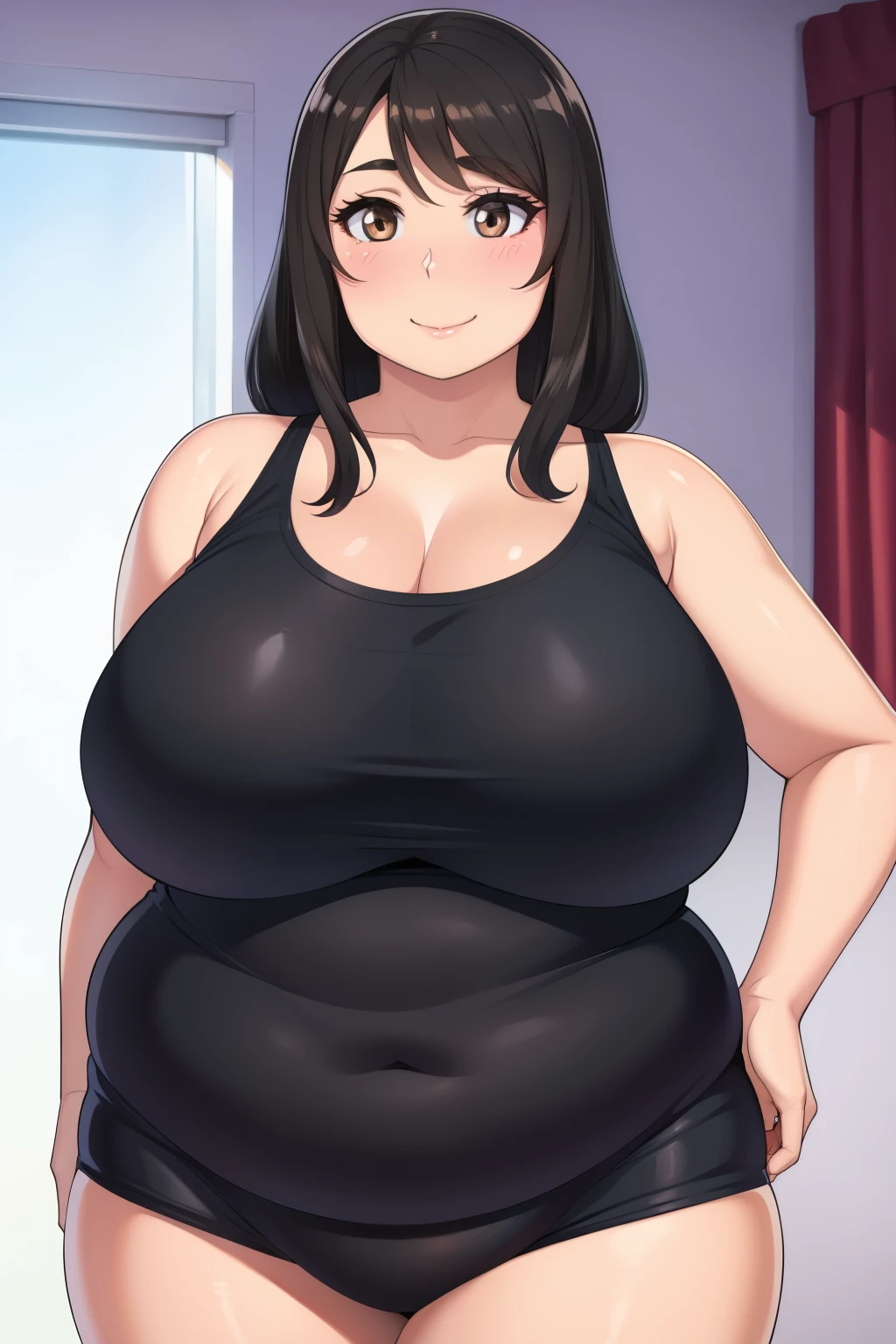 Plump year 21 big breasts black hair brown eyes happy longer hair smile blushing