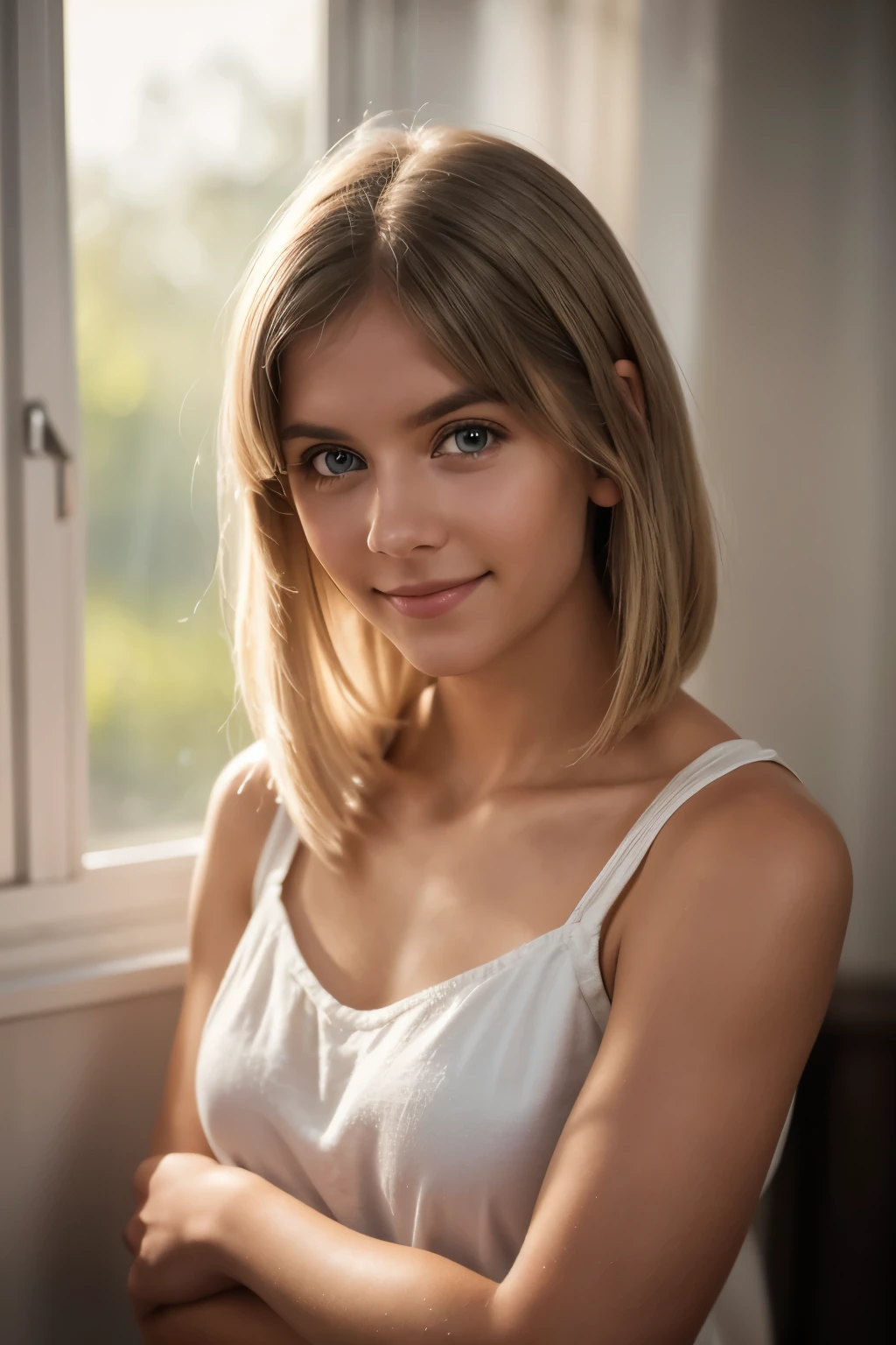 1girl, Agnes Aurora Aksnes, sly grin. (((facing the camera, looking at the camera, looking at the viewer))). Masterpiece, photorealistic, raw photography, soft lighting, top quality, best quality, upper body, toned. Indoors, soft illumination, realistic, realistic skin.