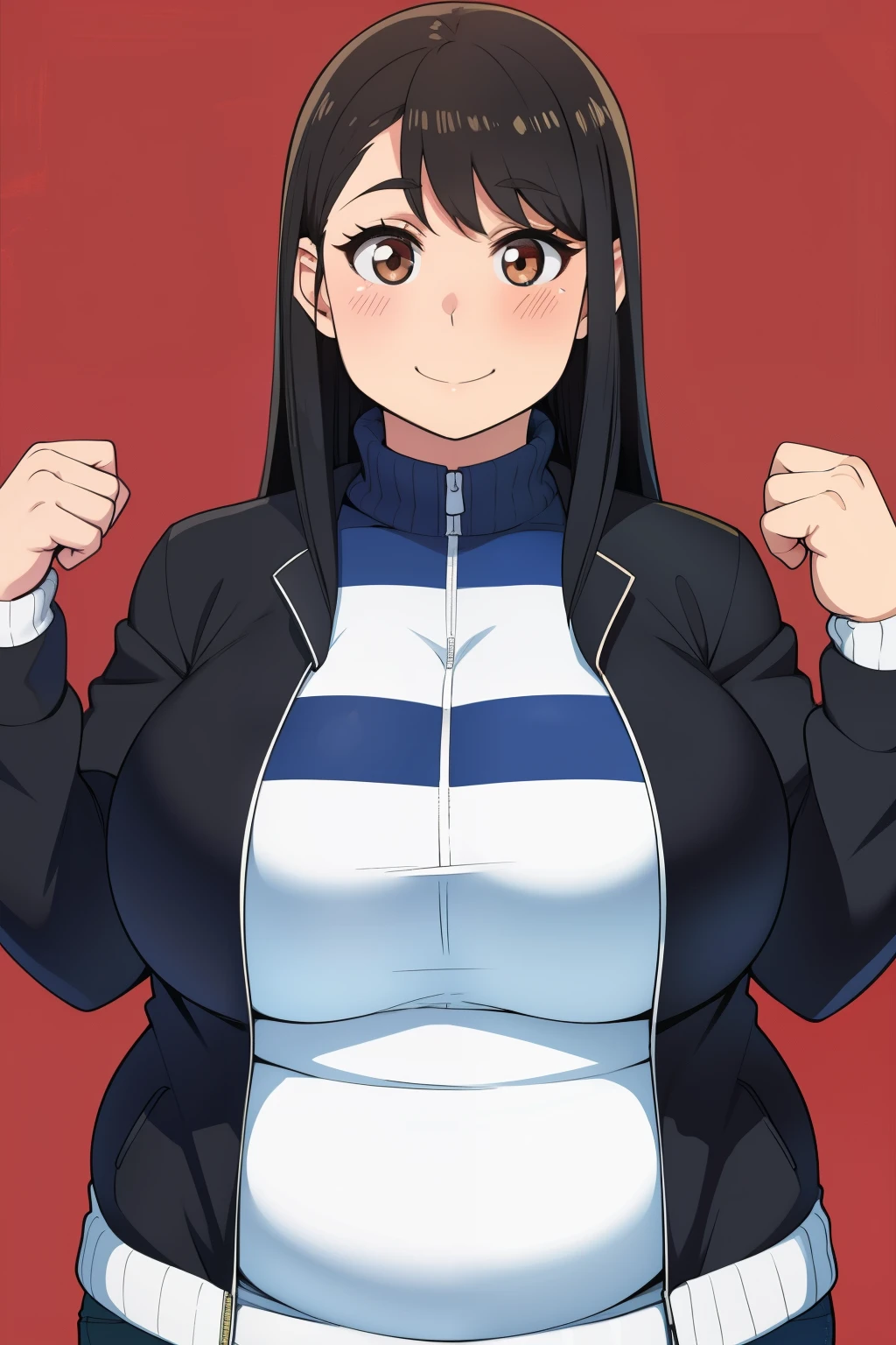 Plump year 21 big breasts black hair brown eyes happy longer hair smile blushing jacket