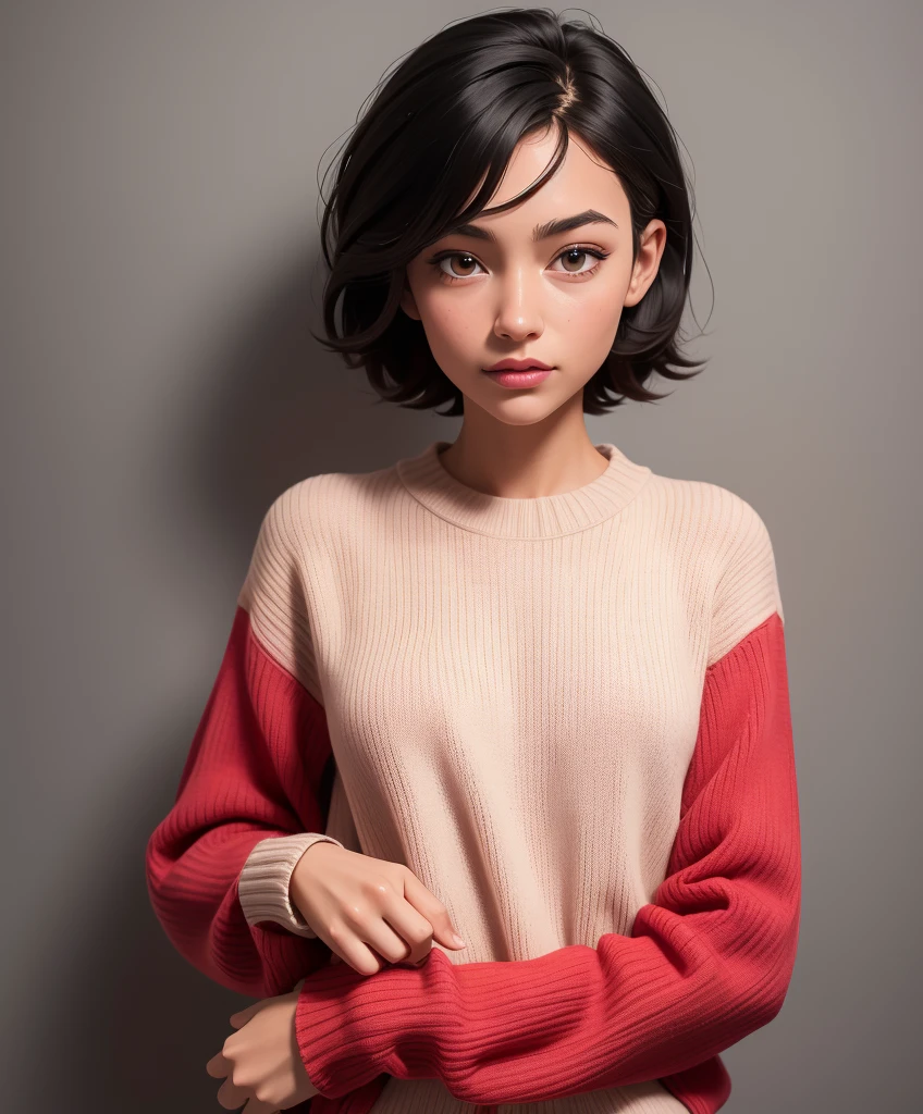 (masterpiece of the highest quality:1.4), One girl, Red wool sweater, Straight short black hair,