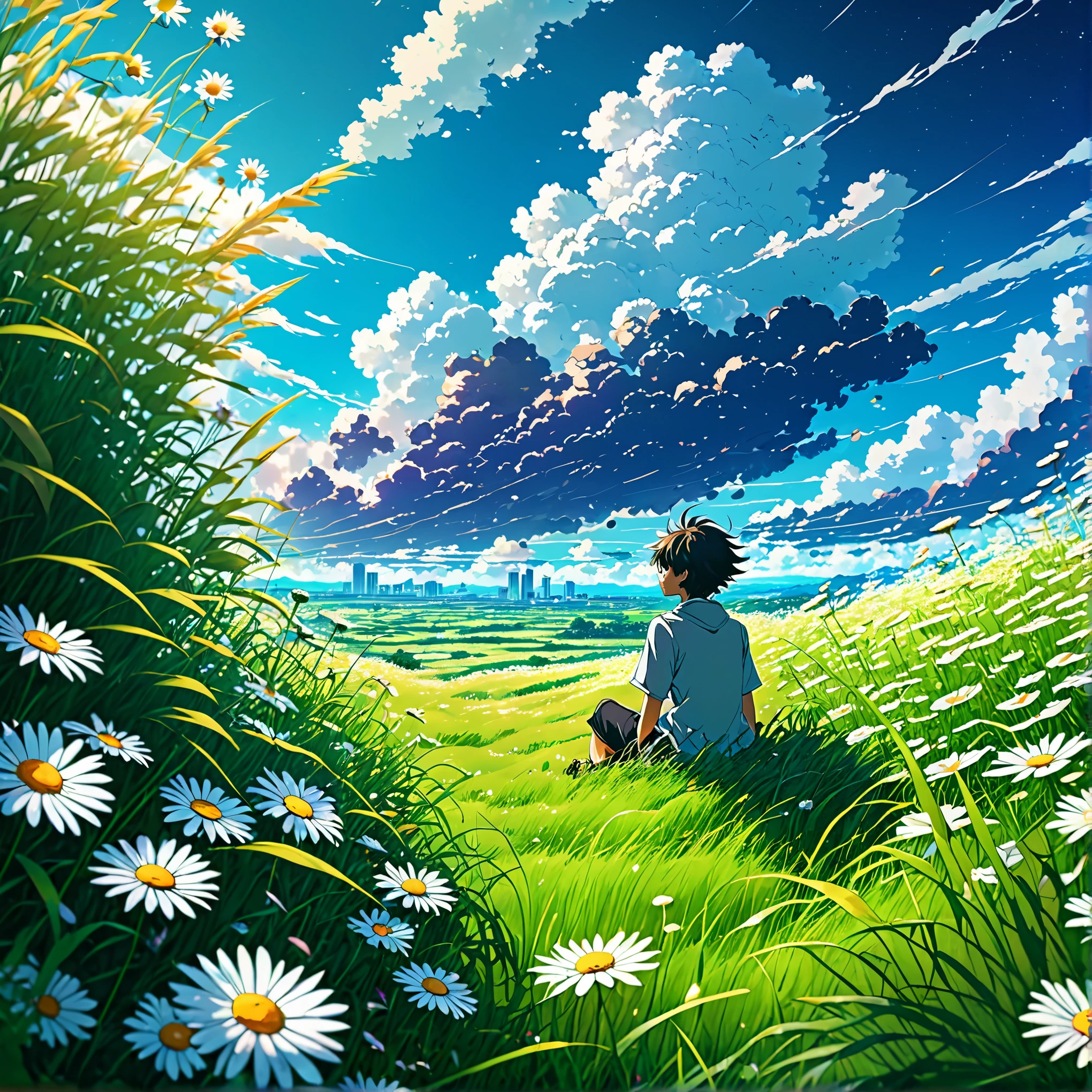 Anime landscape of a boy sitting in a field with tall grass and daisy flowers watching a void with white clouds, colorful anime scene, a beautiful anime peace scene, Makoto Shinkai Cyril Rolando, a beautiful anime scene, a background of amazing screen, an anime art wallpaper 8k, anime background, anime art background, anime wallpaper 4k, anime art 4k wallpaper, anime art 4k wallpaper,