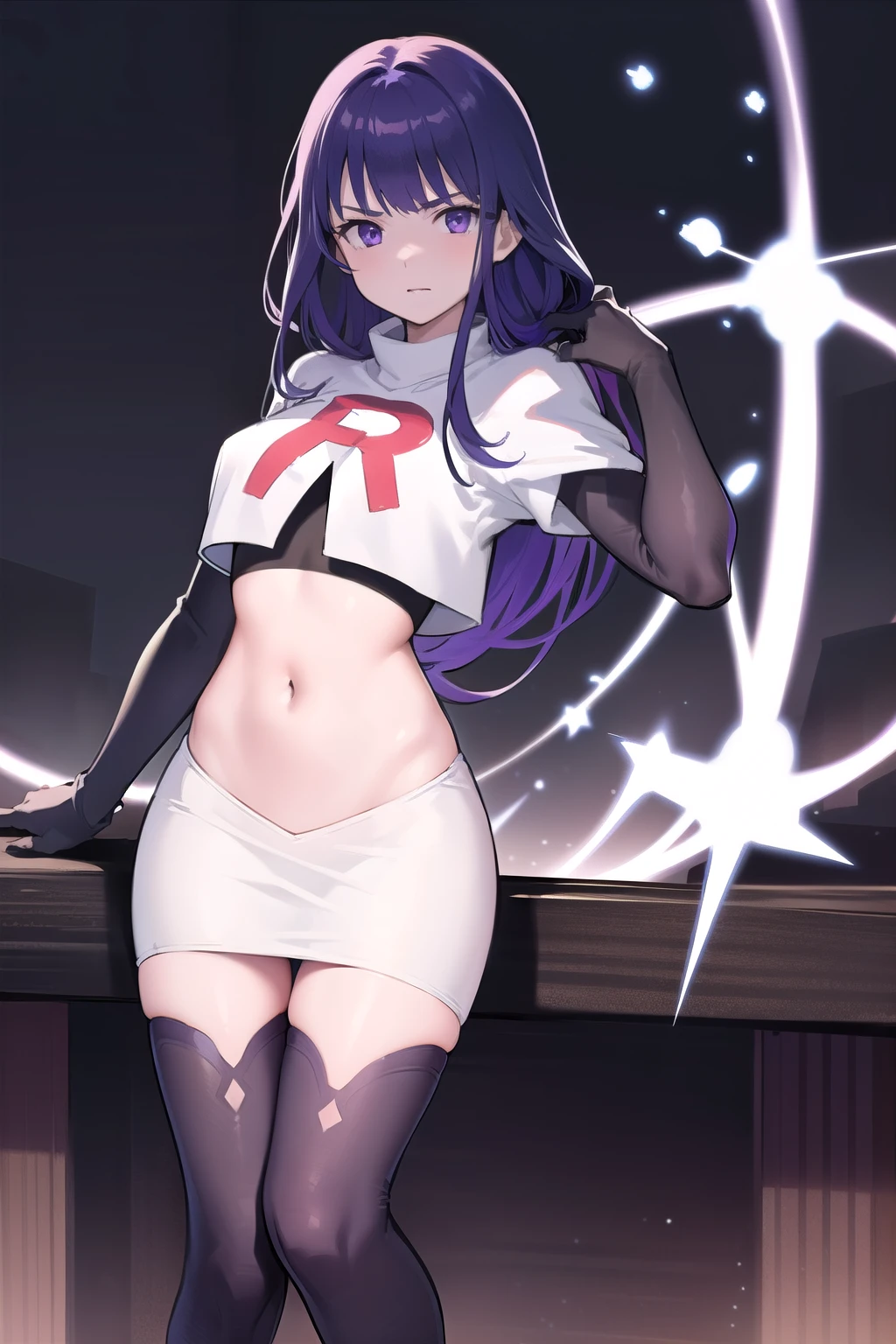 keqing, keqing, long hair, bangs, hair ornament, twintails, (purple eyes:1.1), purple hair, braid, hair bun, double bun, cone hair bun,
BREAK team rocket,team rocket uniform,white skirt,red letter R,crop top,black thigh-highs,black elbow gloves,
BREAK looking at viewer, (cowboy shot:1.5),
BREAK (masterpiece:1.2), best quality, high resolution, unity 8k wallpaper, (illustration:0.8), (beautiful detailed eyes:1.6), extremely detailed face, perfect lighting, extremely detailed CG, (perfect hands, perfect anatomy),