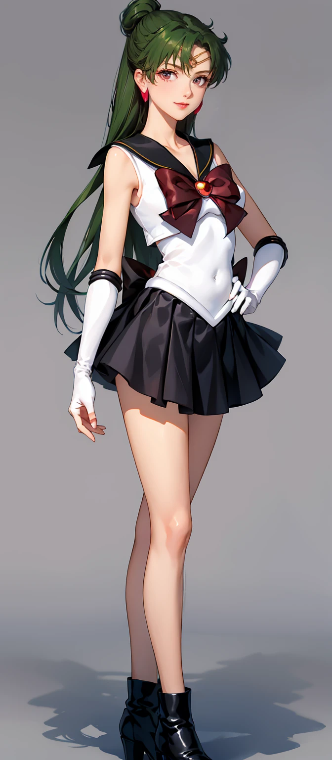 masterpiece of the highest quality, High resolution, One girl, Alone, ponytail, Green Hair, (Elbow hand pockets), Headdress dark red bow, Tight Top, (Black sailor collar), White gloves, Earrings, smile,  White background, Black Skirt, (Sailor Pluto Uniform), (Sailor Pluto Uniform), Standing, Looking into the camera, Dynamic pose. , White top, Elbow hand pockets, Black boots, Walking on the floor