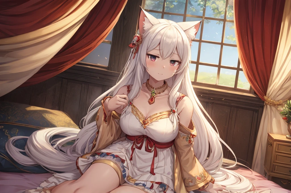 1woman, long white hair, blue eyes, cat ear, sweet smile, languid, graceful gaze, medium breast, wearing elegant white dress, beautiful, graceful, formal sit pose, sit on chair,