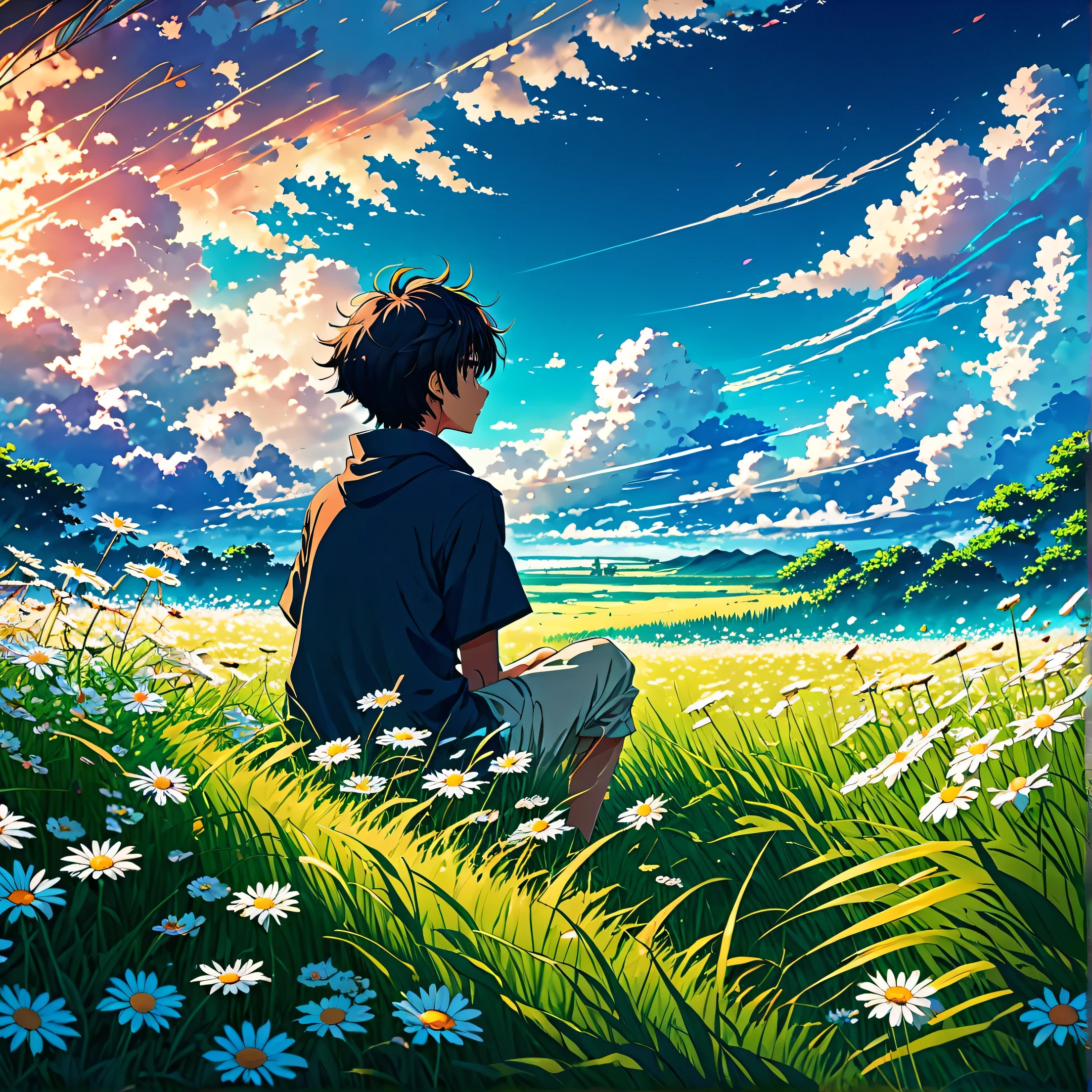 Anime landscape of a boy sitting in a field with tall grass and daisy flowers watching a void with white clouds, colorful anime scene, a beautiful anime peace scene, Makoto Shinkai Cyril Rolando, a beautiful anime scene, a background of amazing screen, an anime art wallpaper 8k, anime background, anime art background, anime wallpaper 4k, anime art 4k wallpaper, anime art 4k wallpaper,