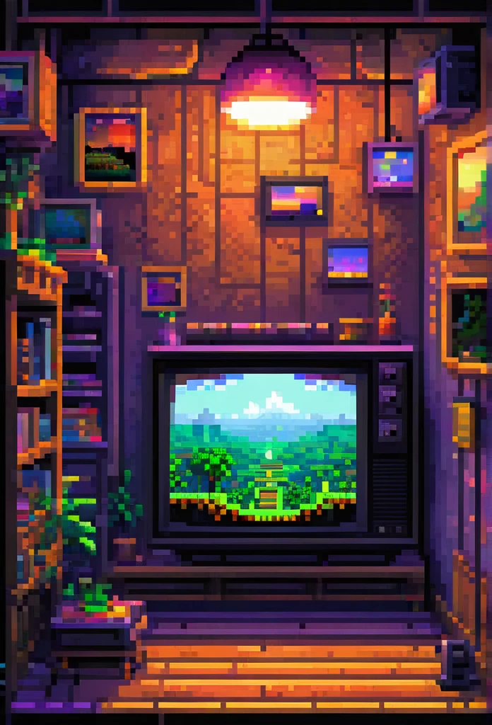 Close-up of an old TV screen, sixteen-bit graphics like on a console, on the screen is a beautiful dark pixel game world, TV is a portal, beautiful mystical atmosphere, high quality, high detail, pixel art, living pixel world, first person view,  256 colors palette, the room turns into a computer game, the room is swallowed by pixels, the moment the game world comes out of the TV