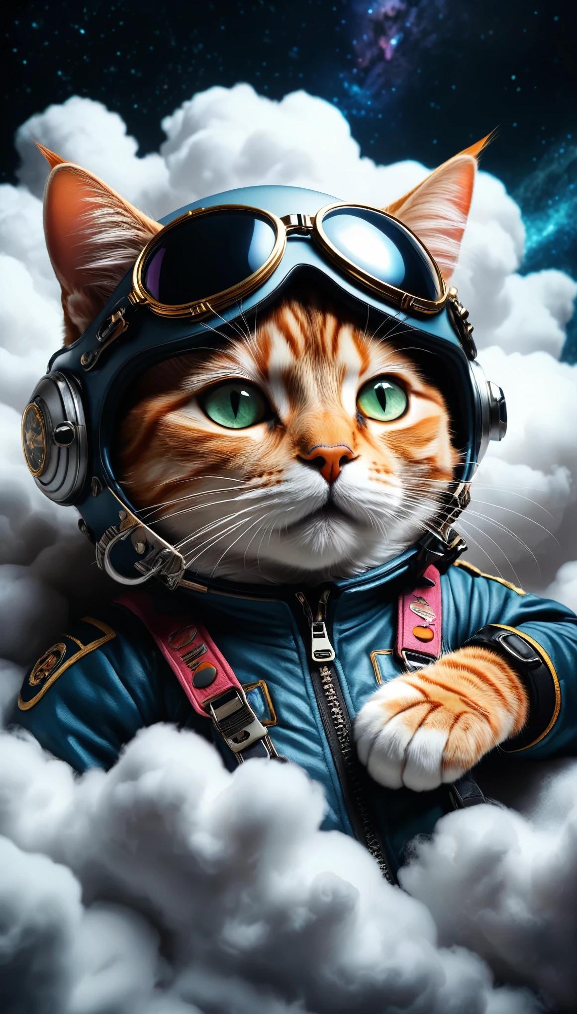 full body, Plano general, (Cute cartoon style:1.3), (((Close-up of a powerful cat sleeping on soft clouds))), (Stylish and complete cyberpunk aviator suit:1.2), ((open head)), dark fur, epic space landscape, black holes, ((bright stars)), intricate design, bright colors, Masterpiece in maximum 16K resolution, The best quality, ultra detailed, aesthetics, absurd. HD, ultra detailed,sharp focus,(realistic,photorealistic,photo-realistic:1.37),Very detailed face,extremely detailed facial features,hyper realistic skin texture,extremely fine details,intricate details, detailed eyes,Detailed nose,detailed lips,Detailed facial expressions,intricate facial anatomy,bright lighting, Dramatic lighting,changing lighting,cinematic lighting,chiaroscuro lighting,dramatic shadows,dramatic moments, vivid colors,intense colors,Deep contrast,cinematic depth of field,film composition,cinematic camera angle