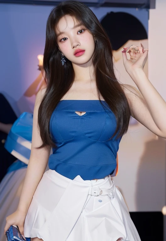 a woman in a blue top and white skirt posing for a picture, bae suzy, jia, sun yunjoo, jinyoung shin, jisoo from blackpink, leaked image, jisoo of blackpink, jossi of blackpink, blackpink jennie, tzuyu from twice, dilraba dilmurat, roseanne park of blackpink, korean idol, ruan jia beautiful!, sha xi, 🤤 girl portrait, realistic aesthetic, small freckles, hyper realistic ager, barbie doll, freckles!!!, detailed face, realistic face, realistic fingers, jisoo from blackpink , popular south korean makeup, quality detailed ,(beautiful makeup :1.2), Wide hips, big, big ass, (best quality, 8K, masterpiece: 1.3), Clear focus: 1.2, Perfect body beauty: 1.4, strong abs, Very detailed face and skin texture. , detailed eyes, double eyelids, (long hair), having very marked curves, with greater volume in ((hips and breasts)), which makes the waist look much smaller ((wasp waist))