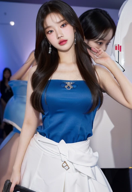 A perfect young female white-collar worker,Chinese,High picture quality,Works of masters,Black hair,Long hair shawl,Long hair flowing over the shoulders,Beach wave hairstyle,cropped shoulders,clavicle,exquisite face,Hydrated red lips,((Wear colorful and stylish summer sailor suits))(red colour,blue colors,green color,Violet-orange,In pink,amarelo,Printed clothing),Kurfo,,Colorful pleated skirt,Shadow lace skirt,Sparkling gemstone dress,Lightning astral dress,lumnious,white stockings,Lace material,Silk clothing,Real Human,White interior wall background,CG rendering,16k,Stand up,Empty interior,Do not show your hands,Close-up shot
