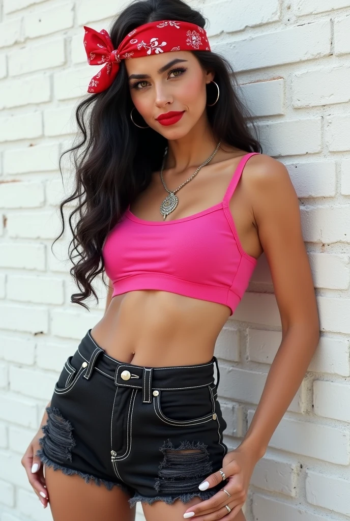 1girl, 25 years old, cute woman,pink out fit, perfect hair tie, black_hair,4_pack_abs, belly_button, (hips and groin showing), black_high_heels shoot in professional studio super model pose