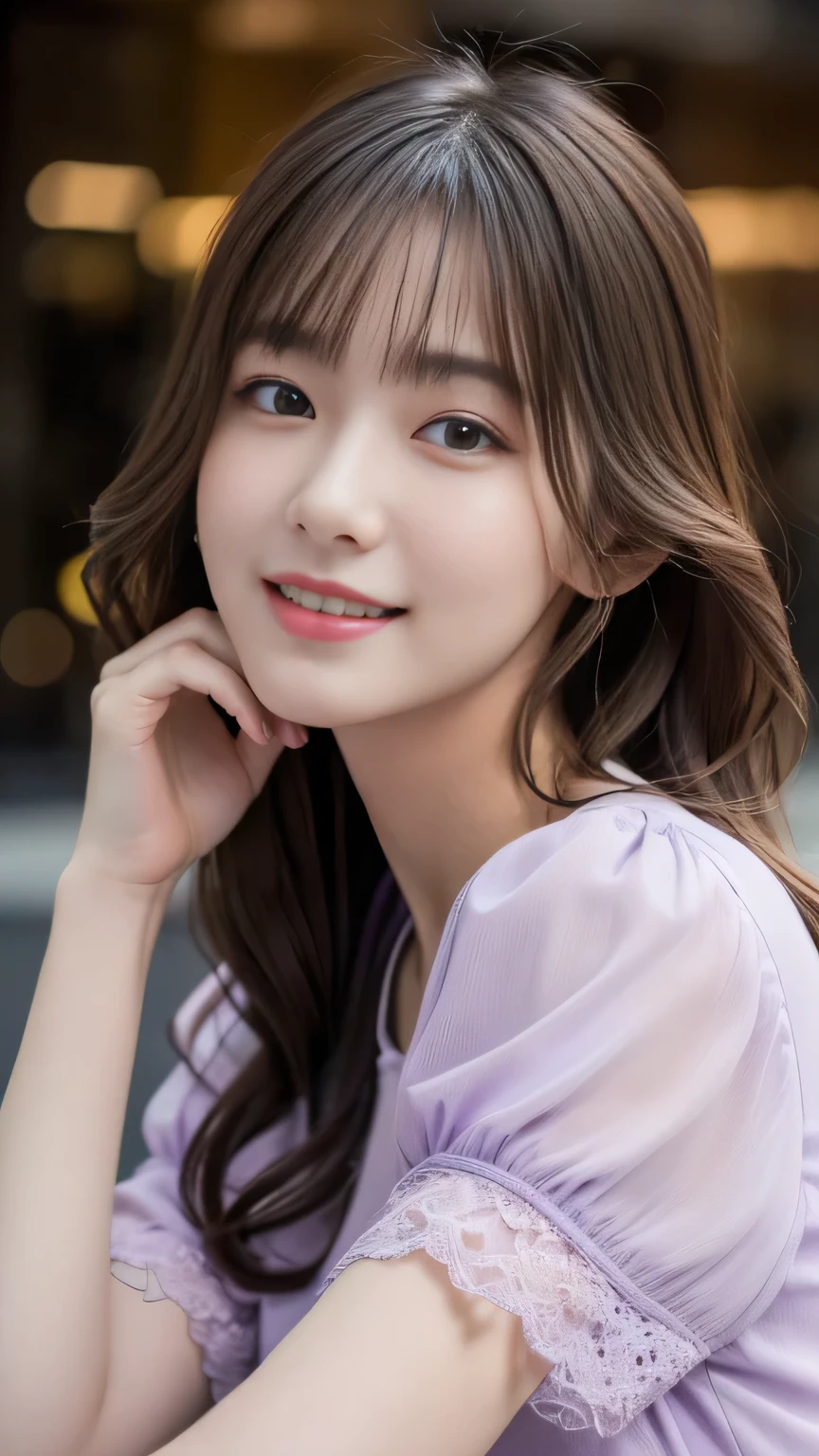 1 girl,(Wearing a light purple short-sleeved blouse:1.2),(RAW Photos, highest quality), (Realistic, Photorealistic:1.4), Tabletop, Very delicate and beautiful, Very detailed, 2k wallpaper, wonderful, In detail, Very detailed CG Unity 8k wallpaper, Very detailed, High resolution, Soft Light, Beautiful detailed girl, Very detailed目と顔, Beautiful and detailed nose, Fine and beautiful eyes,Cinema Lighting,Afternoon cityscape, Perfect Anatomy, Slender body, smile, Wavy long hair, (Random Body Orientation), Face looking at camera,