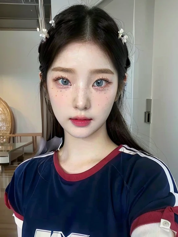 there is a woman with a blue shirt and a red shirt and blue like eyes, beautiful aesthetic face, 8k selfie photograph, pale porcelain white skin, pale round face, natural soft pale skin, korean face features, korean symmetrical face, pale glowing skin, pale milky white porcelain skin, beautiful realistic face, 🤤 girl portrait, pale snow white skin, young adorable korean face, 🤤 girl portrait, realistic aesthetic, small freckles, hyper realistic teenager, barbie doll, freckles!!!, detailed face, realistic face, realistic fingers, jisoo from blackpink , popular south korean makeup, quality detailed ,(beautiful makeup :1.2),