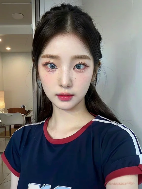 8K, Best Quality, Masterpiece, Ultra High Resolution, (Realism: 1.4), Original Photo, (Real Skin Texture: 1.3), (Film Grain: 1.3), (Selfie Angle), 1 Girl, Blue Hair, Beautiful Emerald Eyes and Delicate Facial Details, Pink Clothes, Masterpiece, Best Quality, Close Up, Upper Body, Looking Down Slightly Below
