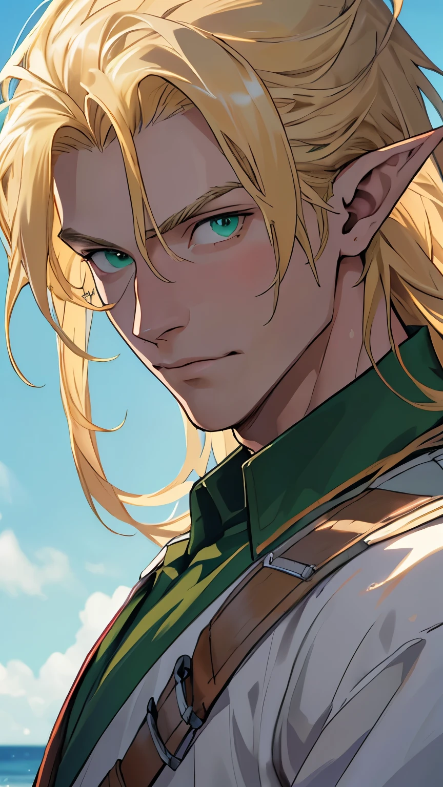 Homem, cabelo branco curto, sem camisa, olhos totalmente brancos, anime, arte digital