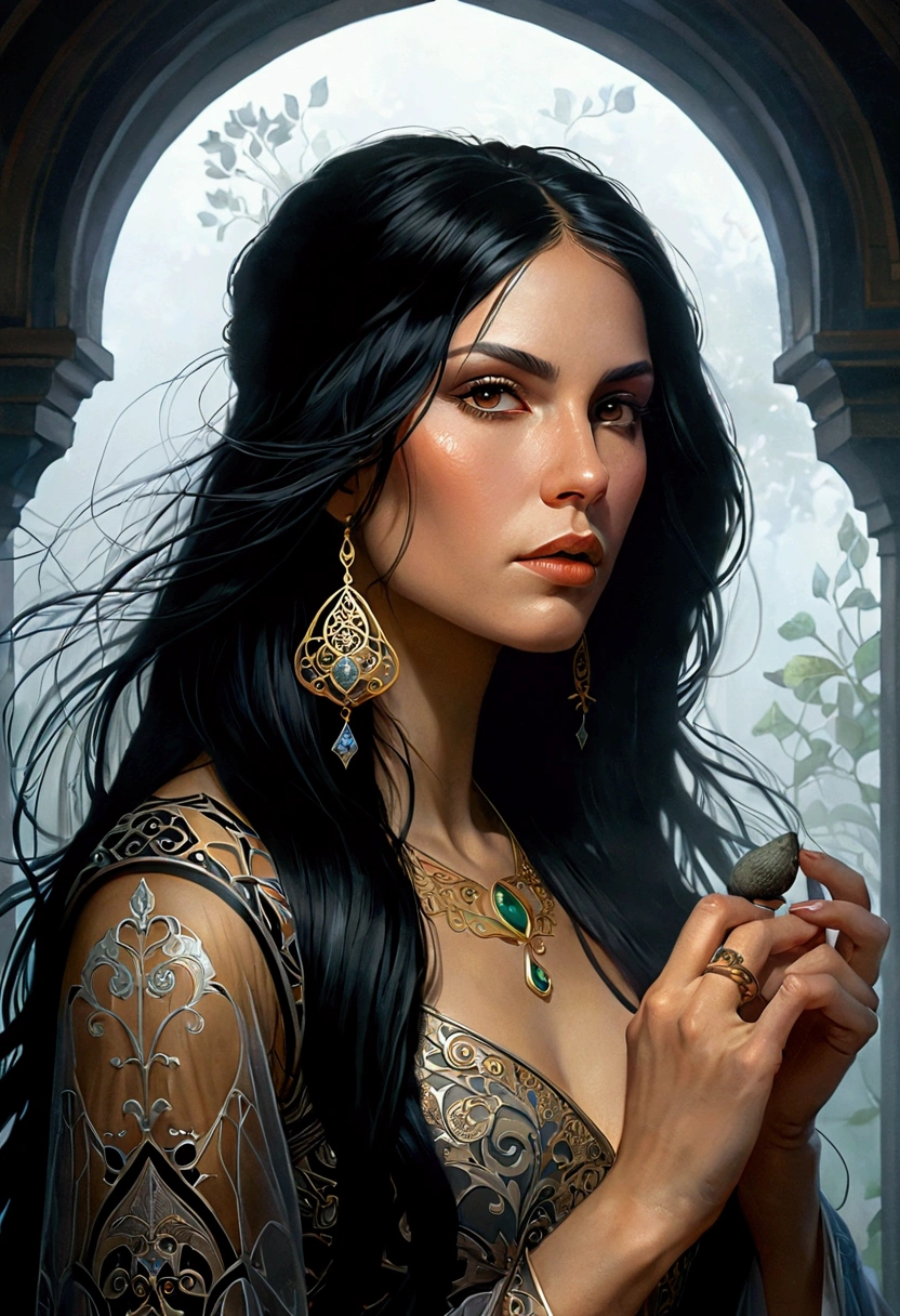 Portrait of Emb-Rebecca with long black hair in the fog, cinematic lighting, photorealistic, florida, intricate, realistic, detailed, volumetric light and shadow intricate, elegant, highly detailed, Digital painting, Art station, conceptual art, seeds, sharp focus, illustration, Art by Artgerm and Greg Rutkowski and Alphonse Mucha, super detailed con un cartel que dice te amo DAWFITO 