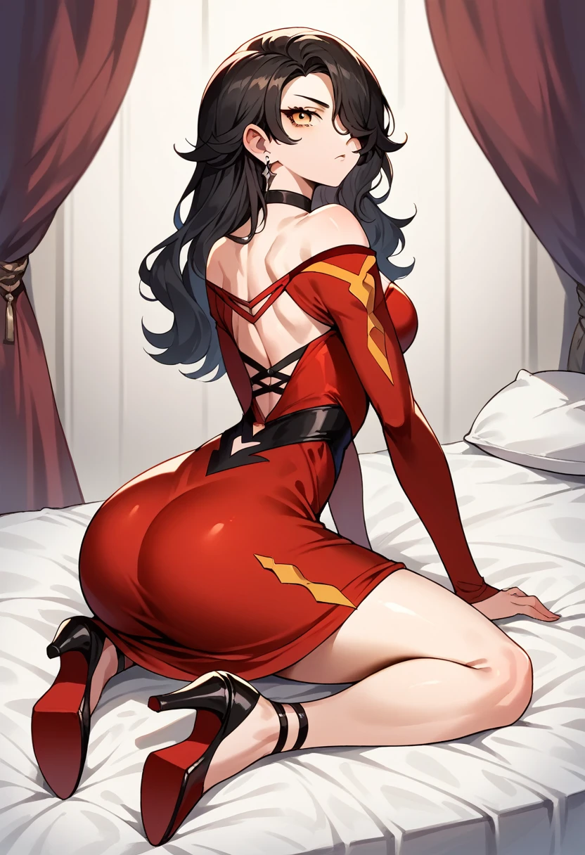 CinderFallRWBYXL, yellow eyes, black hair, long hair, hair over one eye, earrings, medium breasts, black choker, off shoulders, red dress, long sleeves, red high heels, on her hands and knees position, facing away from viewer, looking back over her shoulder, on a bed, butt, arched back