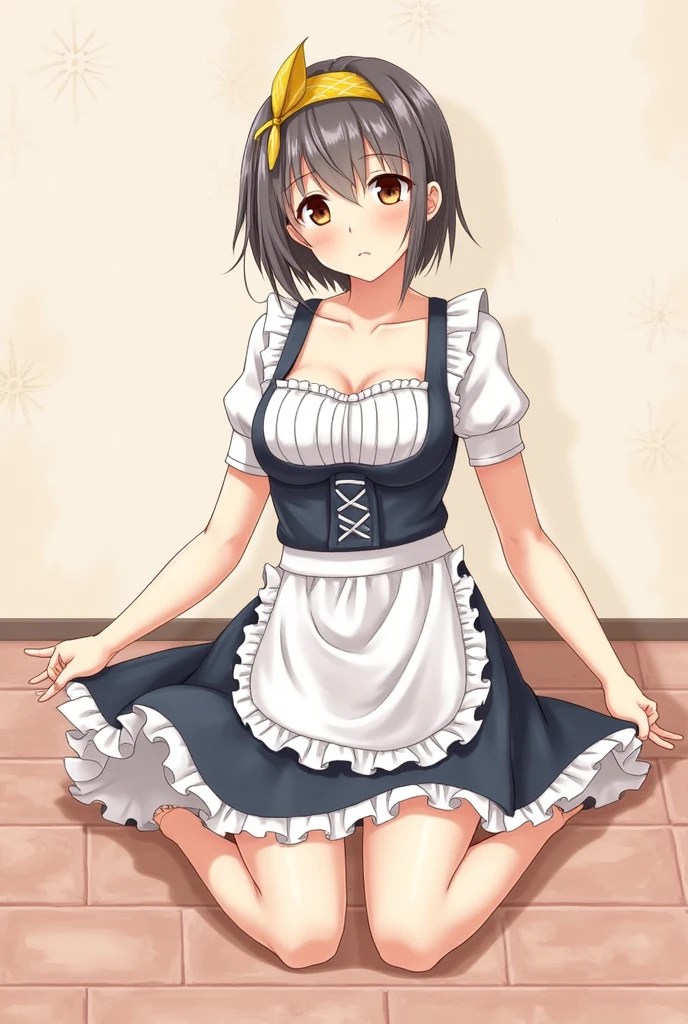 1girl,solo,yuuki mikan,, smile,brown hair,, ,1girl,garden,(((maid costume))),small breasts breasts,miniskirt,(((sweating,blush))),open mouth