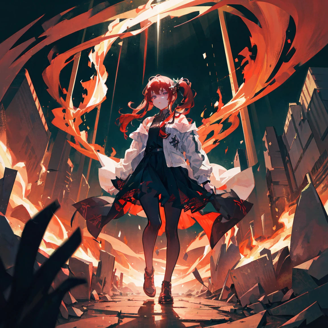 (masterpiece),(best quality),(ultra-detailed),(best illustration),(best shadow),(absurdres),(detailed background),(very aesthetic), wizzard, short hair, red hair, ((twin tail)), ((small_breasts)) ,red eyes, cloak, exposed belly, 1girl, legs exposed, strikes, Perfect face, short skirt, ((black clothes)) ,knee socks,add_detail:1, add_detail:0, add_detail:0.5, moody light,and the sun was shining brightly,8k,hyper-detailing