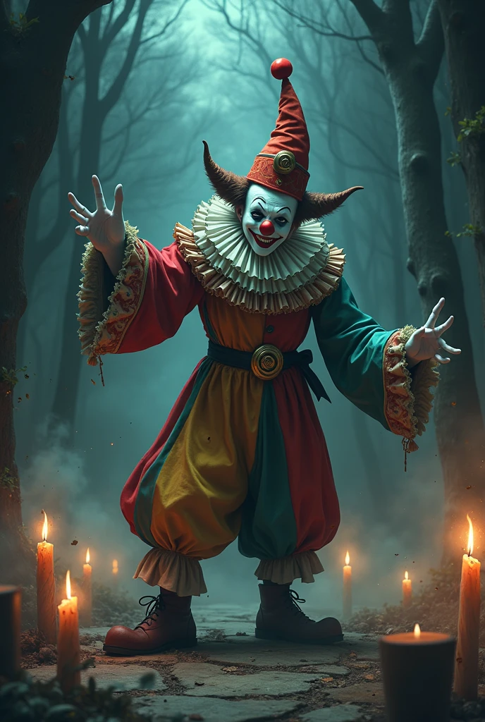 Best quality, masterpiece, clown, fancy dress, fancy circus stage background, spinning 3 balls, detailed image texture, grotesque, horror, creepy atmosphere (not AI image), cloudy weather, foggy, fancy lighting