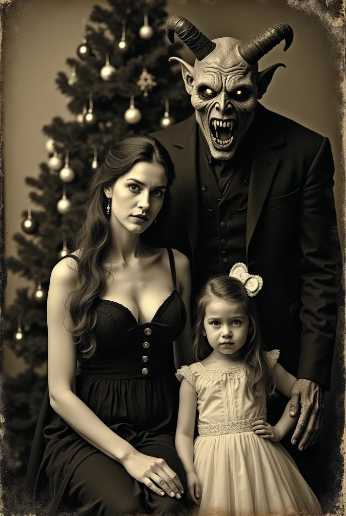 A family of four dressed in Halloween costumes, including a woman dressed as a devil, a girl dressed in red, a boy dressed in black and a man with face paint and a pumpkin accessory all of them happy and raising their hands