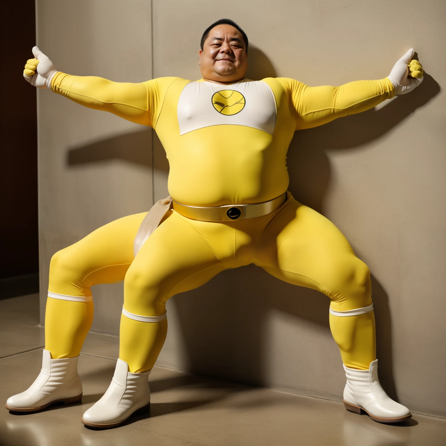 Thick Japan middle-aged man in his 30s, 1man, dwarfism, short, bushy Japanese, short legs, Heavyset, crew cut, thin hair, wide forehead, round face, He is SENTAI HERO in Yellow color spandex tights is crucified by Villains, He wear Long White Boots and Long White gloves, Arms up, forced spread arms, stretched out his arms to up, He is crying as he is restrained, squatting, spread legs, He is incontinent, casting a gentle shadow on the raw concrete wall, low angle, medium shot, a picture, high detail photo, 8K, masterpiece