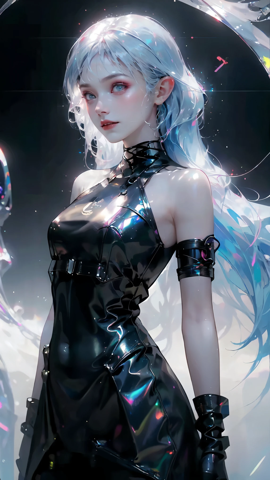 drawing of a cute young woman, long flowing hair, transparent bioluminescent glowing body, on a deep dark background, Glassmorphisom, 32k por AiLove, uncanny