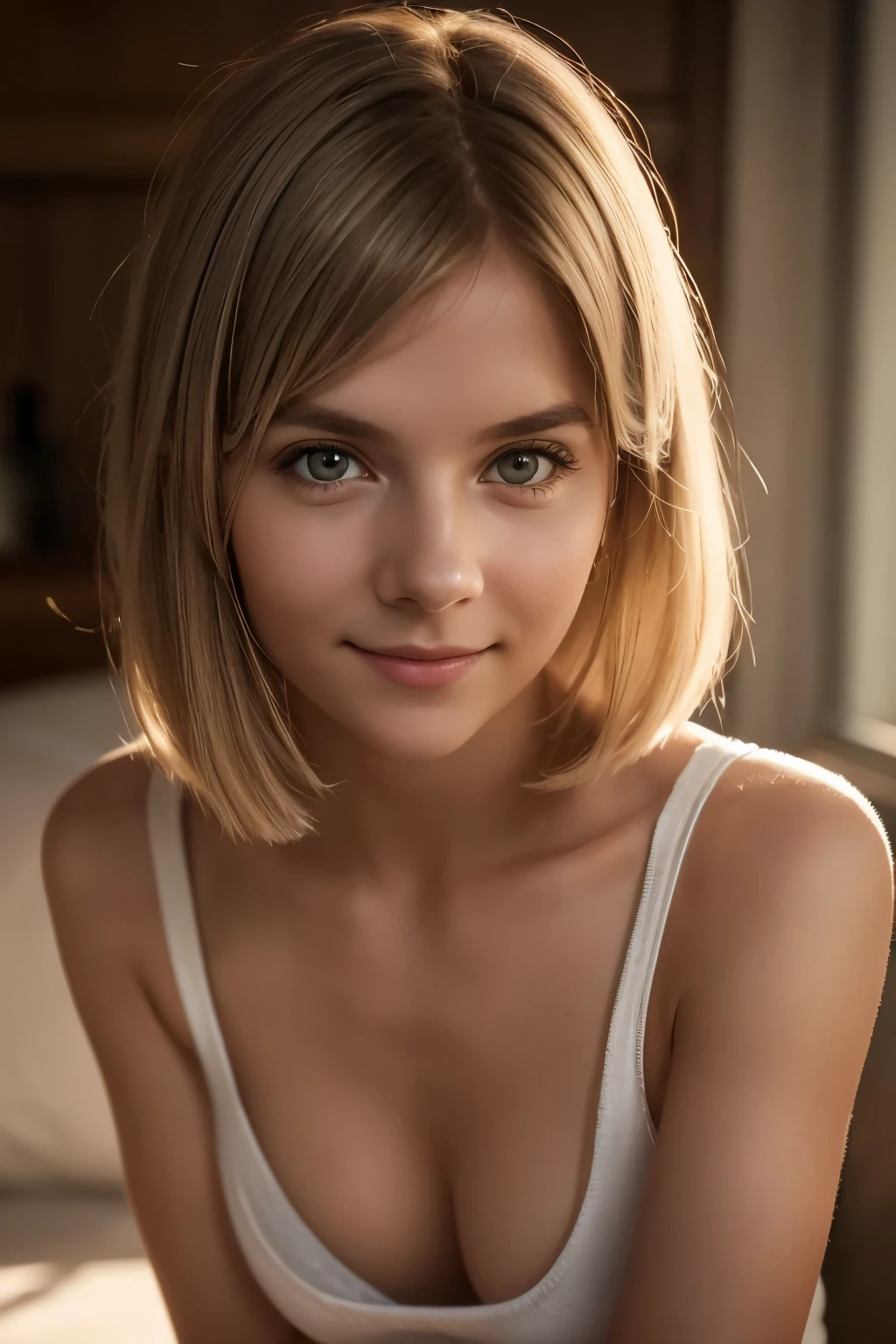 1girl, Agnes Aurora Aksnes, sly grin. (((facing the camera, looking at the camera, looking at the viewer))). Masterpiece, photorealistic, raw photography, soft lighting, top quality, best quality, upper body, toned. Indoors, soft illumination, realistic, realistic skin.