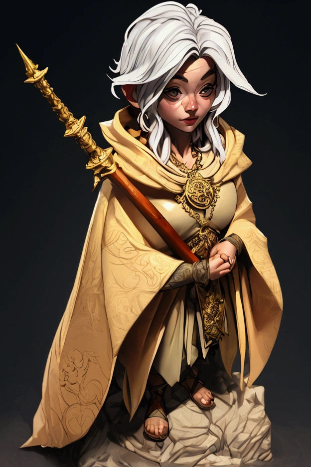 a short woman with white hair holding a spell book, wearing religious robes and a golden hooded cloak with a scales symbol, , octane render,  intricate details, beautifully lit, dramatic lighting, striking pose, full body 