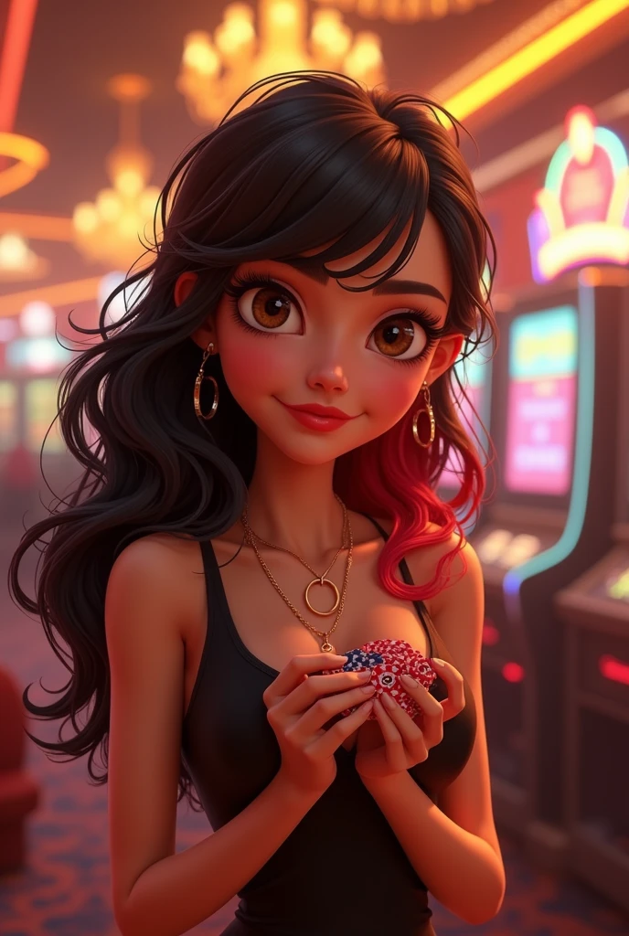 In the foreground a beautiful Bratz style girl wearing a lilac top, long straight black hair, brown eyes with small earrings and eyelashes and a nose piercing, white skin, a tattoo on her neck and a tattoo on her shoulder and casino chips in her hands and around them.