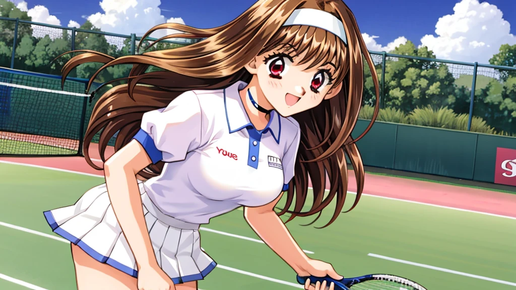 mizuho_yuuki, 1girl, brown hair, red eyes, ((white hairband:1.2)), medium breasts, straight long hair, plays tennis,laugh,thighs, game cg style, looking at viewer, sky, outdoor,