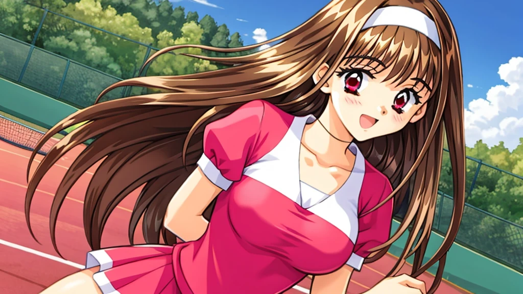 mizuho_yuuki, 1girl, brown hair, red eyes, ((white hairband:1.2)), medium breasts, straight long hair, plays tennis,laugh,thighs, game cg style, looking at viewer, sky, outdoor,