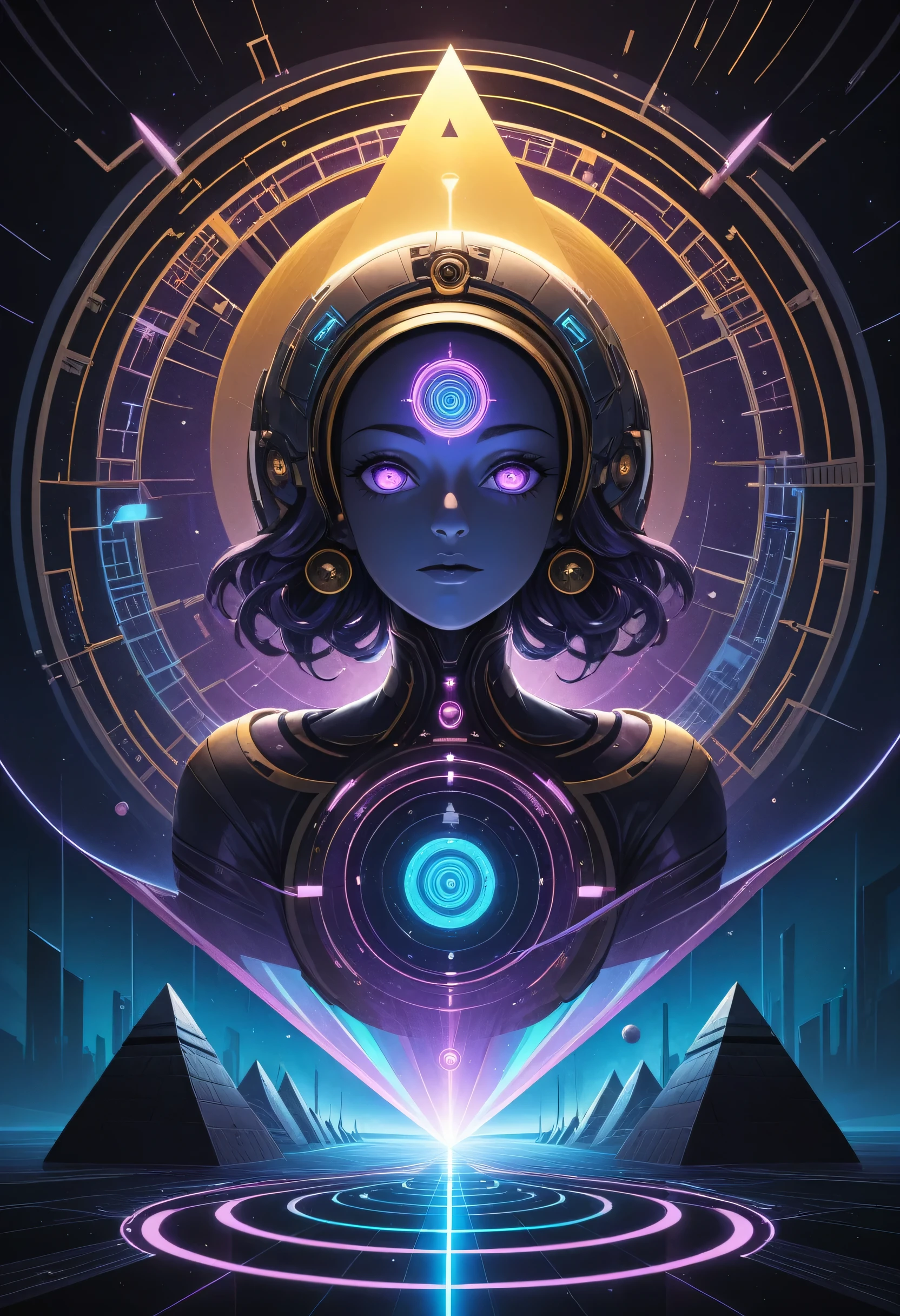 DonMD0n7P4n1c, text \"DON'T PANIC!\",retro scifi, female conjurer, metal manipulation (controlling metal objects)  Brewing potions jinx shaped like Jinx of burntorange tempestuous metal and light magic, <lora:DonMD0n7P4n1c:0.85>