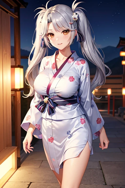 (((Upper Body、Cute Yukata、Shoot from the front))、((Accentuate your breasts、walk、Long legs)))、Best Quality, 8k, masterpiece :1.3)), whole body, Sharp focus :One Girl,Glowing Skin,Sexy pose,Best Quality,Tabletop,shape,Very delicate and beautiful,Huh,8K wallpaper,wonderful,detailed,Official Art,非常にdetailedなティッカーUnity 8K wallpaper,Unbelievably ridiculous,Large file size,非常にdetailedな,High resolution,非常にdetailed,美しいdetailedな女の子,Realistic,X-ray,Queue full,(((Cute Yukata、walk)))、(((Big Breasts、Silver Hair)))、(((Hot Spring Town、Date、night、)))、upright、Cleavage , ((Silver long hair))、Beautiful legs、、Hairstyle: Twin tails、Cute Yukata