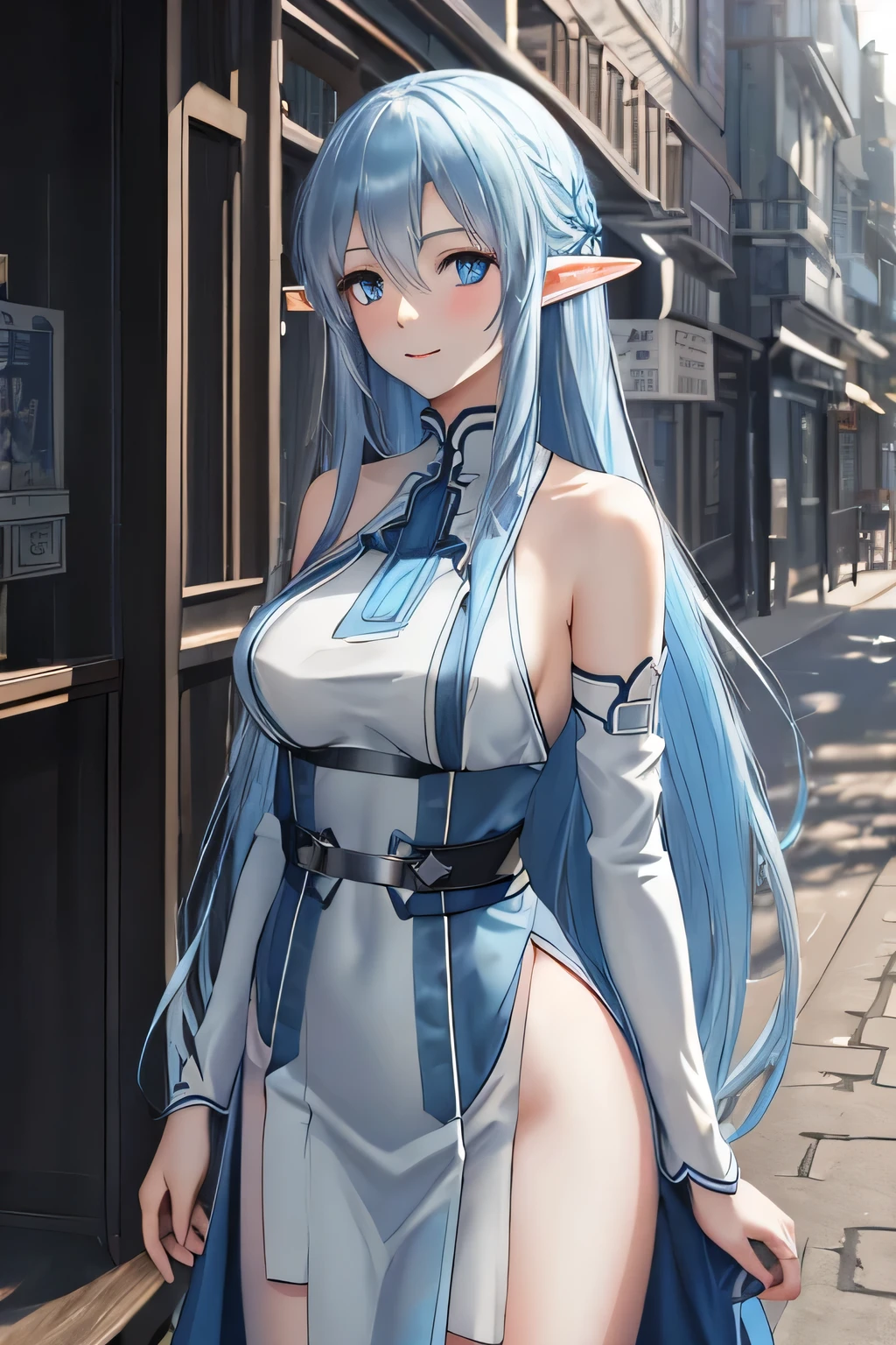 a girl,Elf,Long blue hair,crystal,blue eyes,blush,Smile,earrings,White tights,Stylish style,Cyberpunk style,Beautiful skin,dream,European palace inner court,Glass,Dance,Rendering,optimal