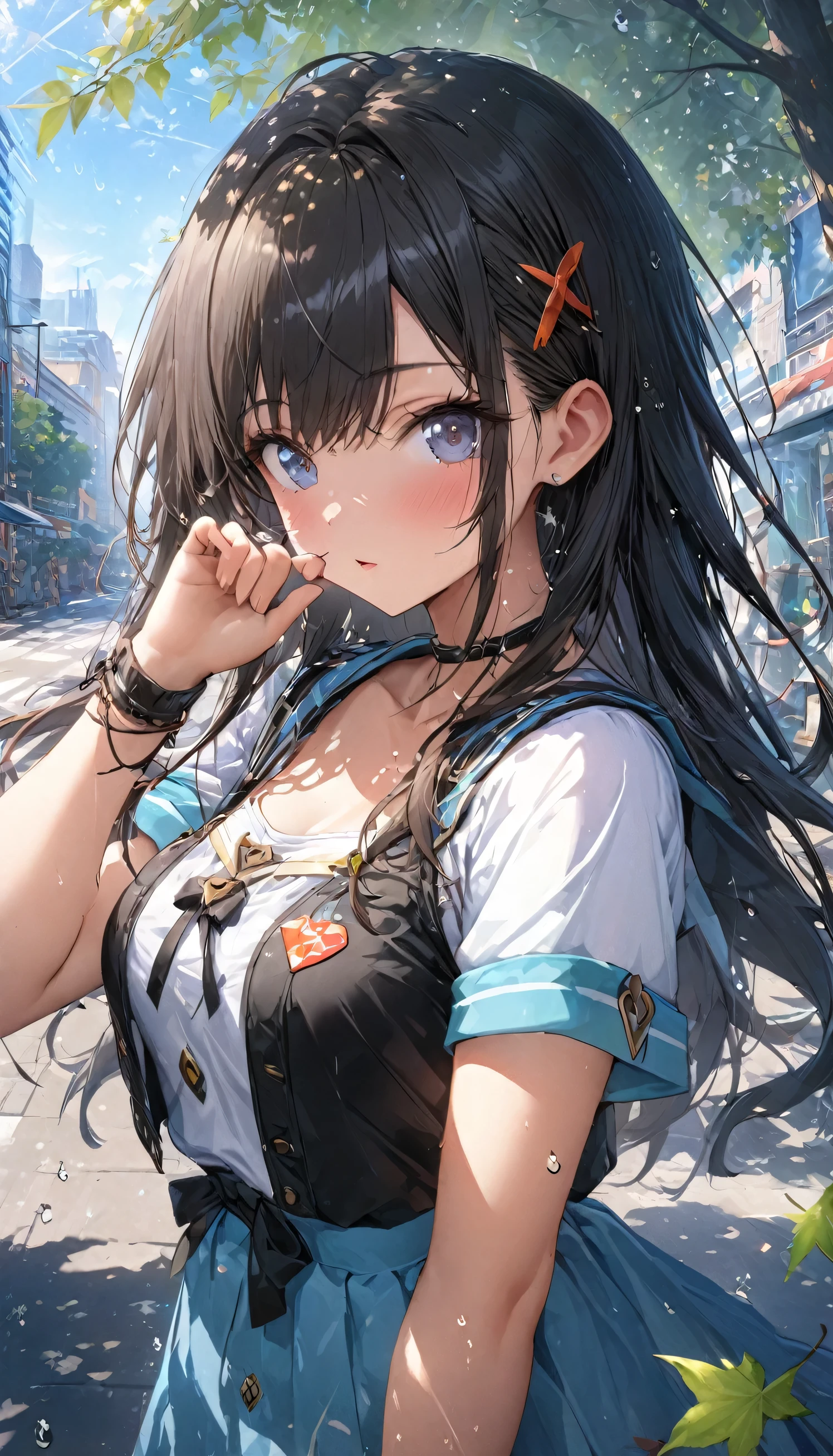 ((2D Beautiful Girl：1.5、top-quality：1.5、perfect fingers:1.1、perfect anatomia:1.1、Perfect outfit、face perfect：1.5、Beautiful illustration))、cute petit girl、(transform sequence)、((cute decorative headband、A cute white and blue cheerleader-style leotard))、10yaers old、Solio、hime、Fractal Art、baby-face、((stright long hair))、Beautiful big drooping eyes、hanikami、（full-shot）、((1人))、Schoolyard with blue sky in the background、A dark-haired、Standing facing the front