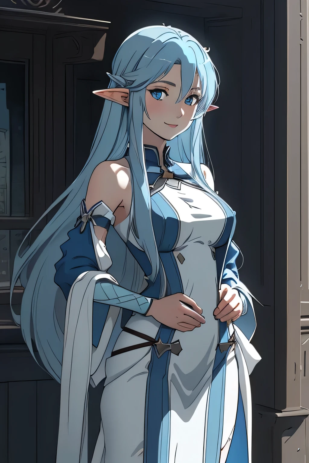 inn, tavern, on the bed, smile, Smiling, solo, battle stance, 1girl, soft smile, slender figure, slim, young girl, short height, full cheeks, skinny, Sexy, Beautiful composition, beatiful face, handsome body (Body Full 1.1.), Beautiful figure, in full height (Body Full 1.1.), closed mouth, Digital Art, sexypose, small-sized breasts, High Elf Knight(Body Full 1.1) elf, (Dark Blue eyes:1.5), white hair, long hair, braid on hair, silver hair, Knight, Beautiful figure, beautiful breasts, (Fullness of the body.1,1) silver hair, Hair between the eyes, hairlong, straight hair, pointed ears, long ears, side locks, bangs, Asymmetrical Clothing, elf, (Masterpiece:1.2), Best Quality, High Resolution, Unity 8k Wallpaper, (illustration:0.8), (beautiful detail eyes:1.6), extremely detailed face, perfect lighting, extremely detailed CGI, (perfect arms, perfect anatomy), epic composition, tunic, hair braid on head, braid, tress, tress on head, golden spear, looking at viewer, necklace, cleavage, fullbody, full-body, sitting, legs together, bare legs, bare feet