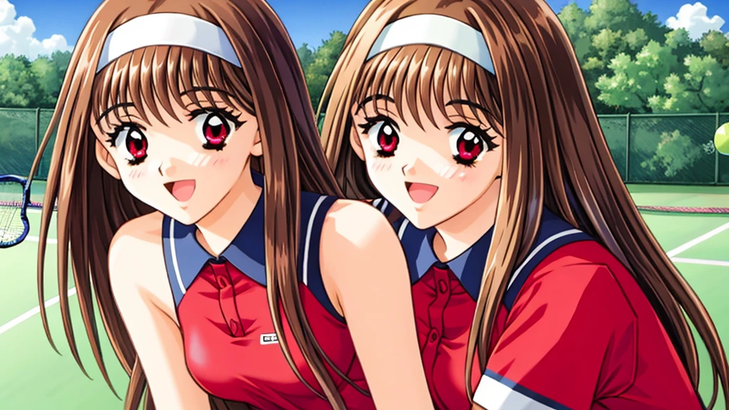 mizuho_yuuki, 1girl, brown hair, red eyes, ((white hairband:1.2)), medium breasts, straight long hair, plays tennis,laugh,thighs, game cg style, looking at viewer, sky, outdoor,